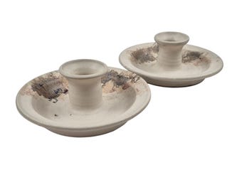 Studio Art Pottery Candlestick Holders Set of 2 Stoneware Cream Brown Round