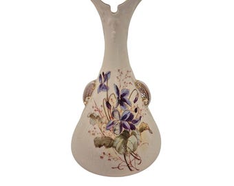 Porcelain Vase Antique Hand Painted Floral Design Gold Accents Purple Pink
