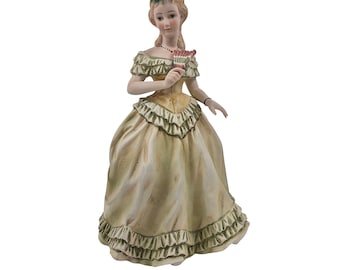Vintage Lefton Victorian Style Porcelain Figurine Woman Fan Green Ruffled Dress