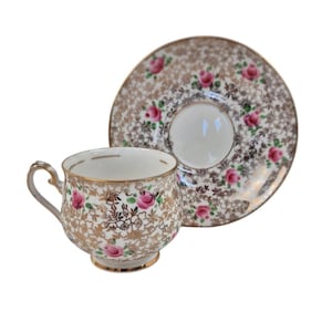 Thomas Forester & Sons Ensemble de sous-tasses à thé florales roses et dorées, Angleterre