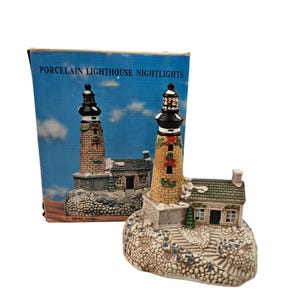May include: A porcelain lighthouse nightlight with a black top and a yellow and brown brick tower. The lighthouse is decorated with a green wreath and sits on a rocky base with a small house. The box behind it reads "PORCELAIN LIGHTHOUSE NIGHTLIGHTS."