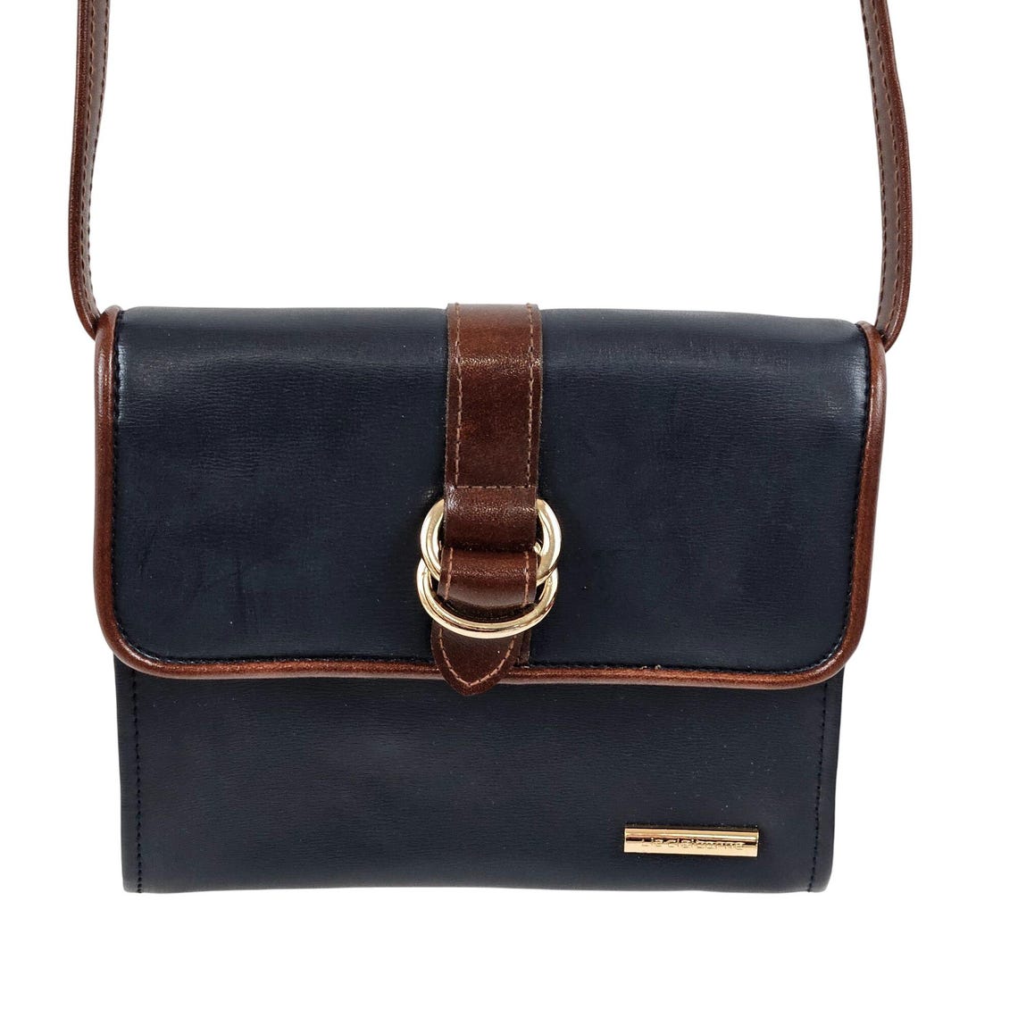 Liz Claiborne Womens Crossboey Bag Blue Brown Faux Leather Gold Buckle Accent, foto 2 di 5