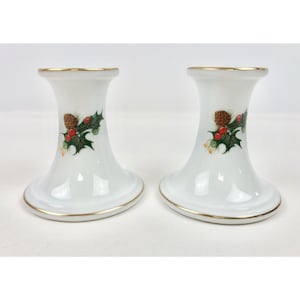 Porcelain Candle Holders Pedestal Set Of 2 White Gold Holly Holiday Christmas