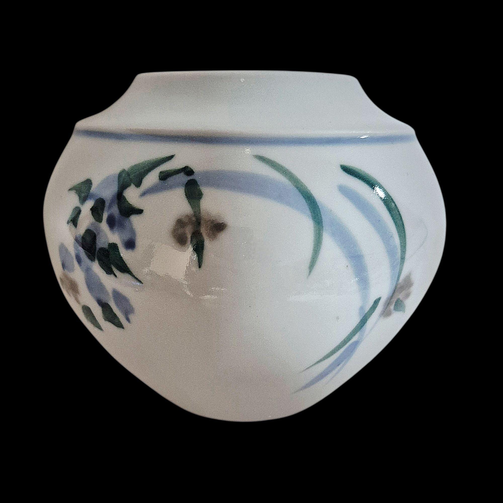 Studio Art Pottery Vase Blue Green Floral Signed Glossy Finish Vintage ...