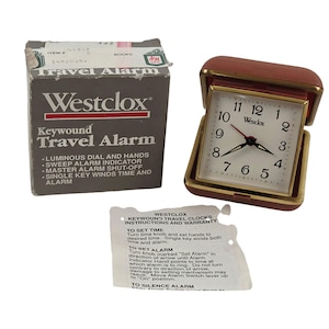 Westclox Keywound Travel Alarm Clock Tan Clamshell Case Gold Trim Working