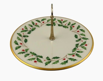 Lenox Holly Berry Serving Plate Center Handle Gold Trim Christmas Holiday