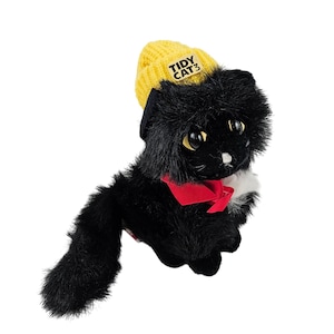 Animal Fair Tidy Cat 3 peluche chat noir blanc chapeau jaune noeud rouge vintage