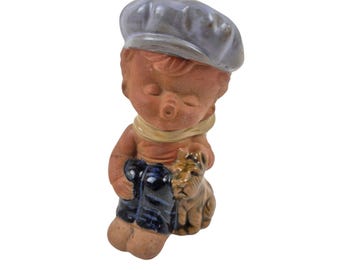 Vintage Figurine Stoneware Boy Dog Cap Hand Painted Collectible Decor