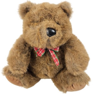 Può includere: Un orsacchiotto di peluche marrone con un fiocco a quadri rossi e verdi. L'orso è seduto con le zampe davanti a sé.