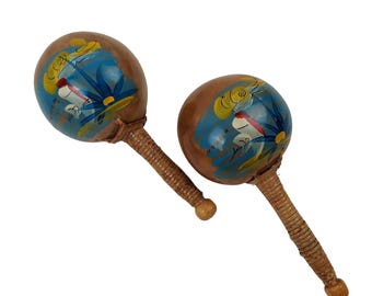 Mexico Maracas Music Maker Souvenir Wood Bird Painted Set Of 2