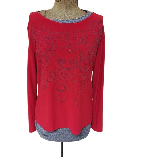 Bleeker & McDougal Red Long Sleeve Shirt Bead Embellished Womens Large