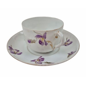 Antique Haviland Limoges CFH GDM France Porcelain Cup Saucer Set Purple Floral Design