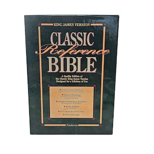 May include: A dark green Classic Reference Bible, King James Version, with gold lettering. The cover features the title "CLASSIC Reference BIBLE" and includes details about its features, such as center-column references and colorful maps.