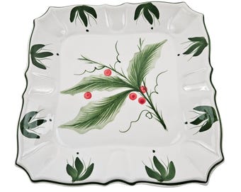 Zanolli Kwadratowy talerz do serwowania, ceramiczna taca, ręcznie malowana, Włochy, świąteczny ostrokrzew
