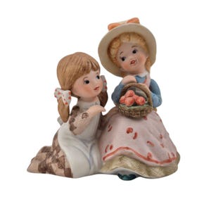 Vintage Ceramic Figurine Two Girls Basket Of Peaches Hand Painted Collectible