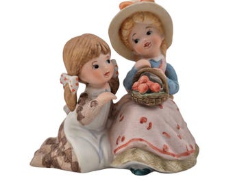 Vintage Ceramic Figurine Two Girls Basket Of Peaches Hand Painted Collectible