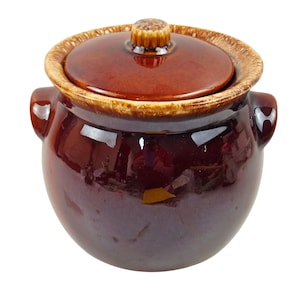Tarro para galletas Hull Pottery Bean Pot, color marrón con esmalte de goteo, tapa brillante, apto para horno, fabricado en EE. UU.