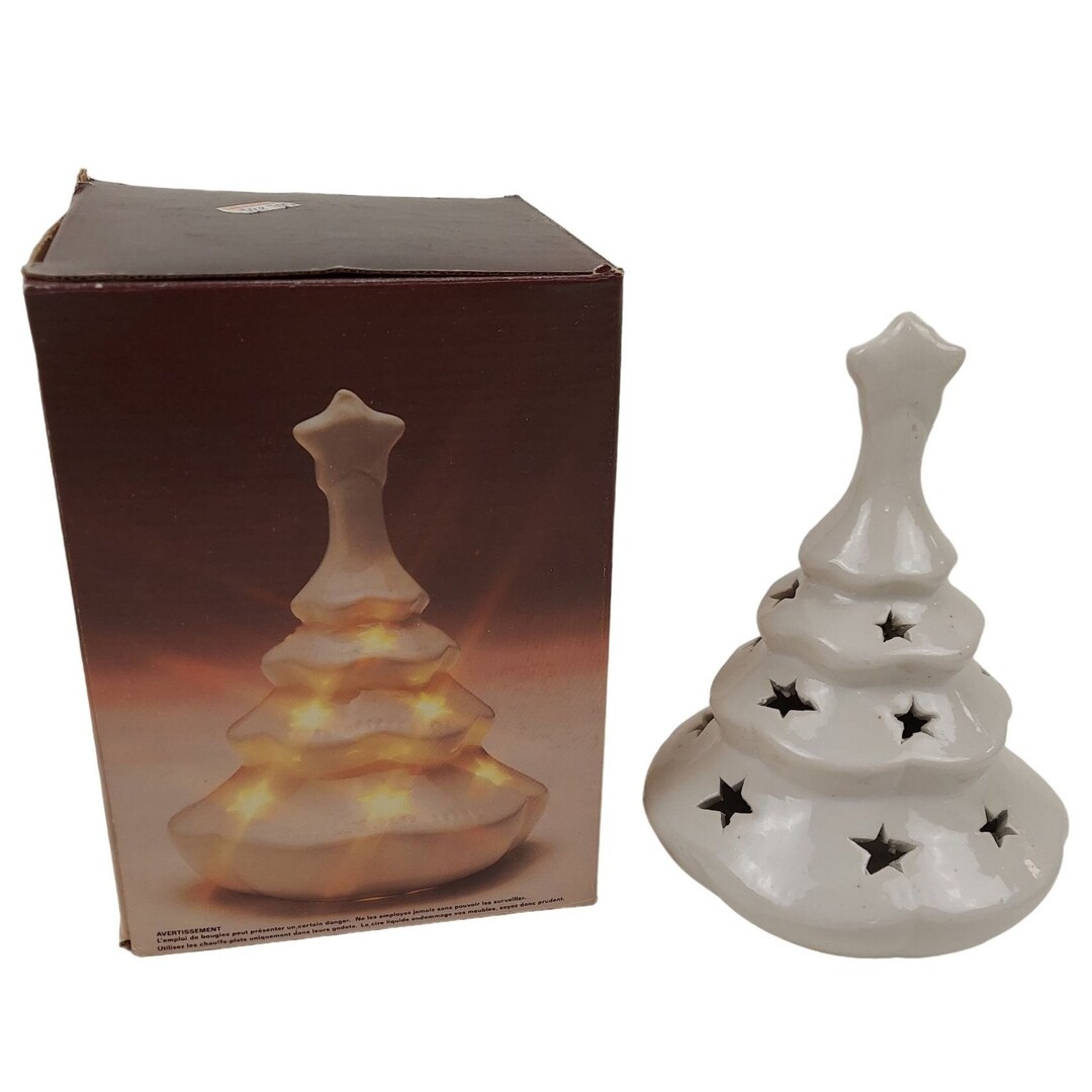 White Porcelain Christmas Tree Star Cut Out Tea Light Candle Etsy