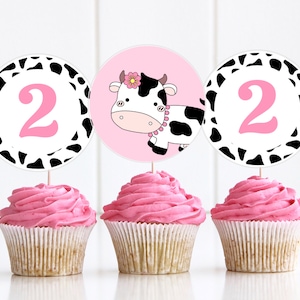 Moo Moo I&#39;m Two Cupcake Toppers 2nd Birthday Cow Cupcake Toppers Cow Party Decorations Farm Theme Ideas Printable Toppers Barnyard COWB1