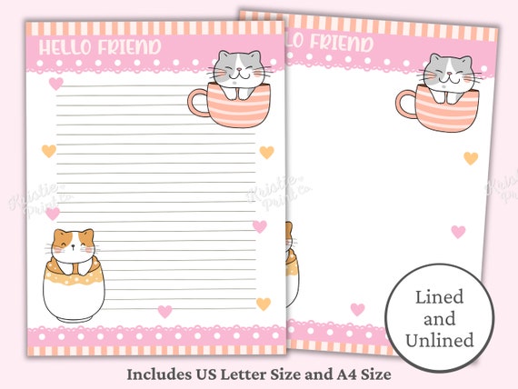 Cat Stationery, Kawaii Stationery Printable, Printable Kawaii Letter Paper, Cute Kids Stationary, Cat in Mug, Kitten, Cat Stationary Paper