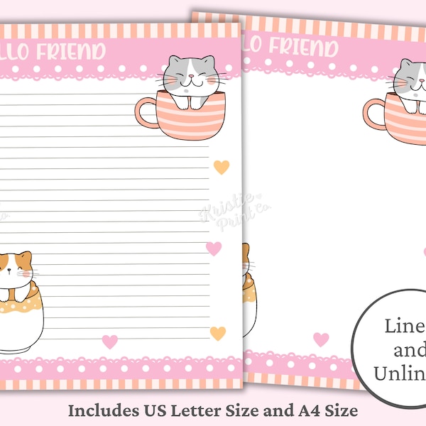 Cat Stationery, Kawaii Stationery Printable, Printable Kawaii Letter Paper, Cute Kids Stationary, Cat in Mug, Kitten, Cat Stationary Paper