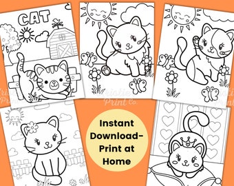 Cat Coloring Pages for Kids, Kitten Coloring Pages, Cat Birthday Favor, Animal Coloring Sheet, Homeschool Printable, Kitten Activity Book