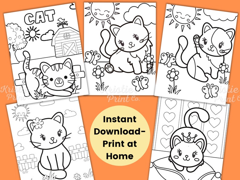 May include: Four black and white coloring pages featuring cute cats. The first page has a cat in a barn with the word "CAT" at the top. The second page has a cat sitting with a butterfly. The third page has a cat sitting with a flower. The fourth page has a cat wearing a crown on a pillow.