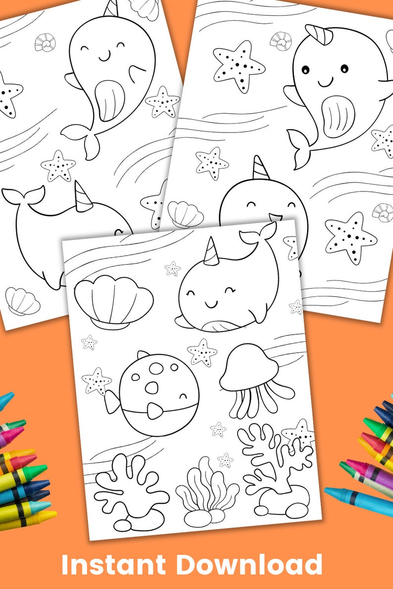 Puede incluir: Tres p&aacute;ginas para colorear en blanco y negro con narvales, estrellas de mar, conchas, medusas y corales. Las p&aacute;ginas se titulan "Descarga instant&aacute;nea".