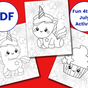 Op de afbeelding: Een verzameling zwart-wit kleurplaten met schattige eenhoorn- en cupcake-illustraties. De pagina's zijn ontworpen met een 4 juli-thema, met sterren- en vuurwerkachtergronden. De tekst "PDF" en "Fun 4th of July Activity" zijn ook zichtbaar.