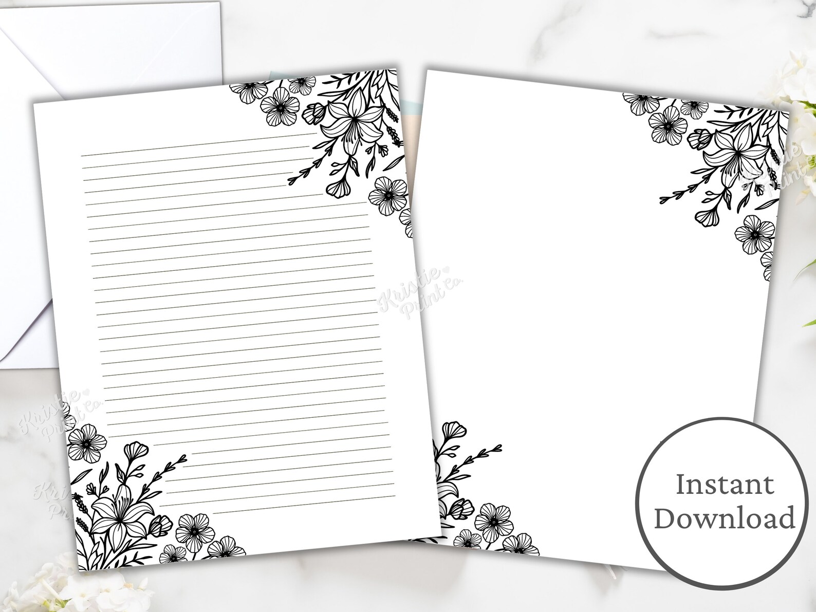 Black and White Floral Lined Paper Printable Stationery - Etsy