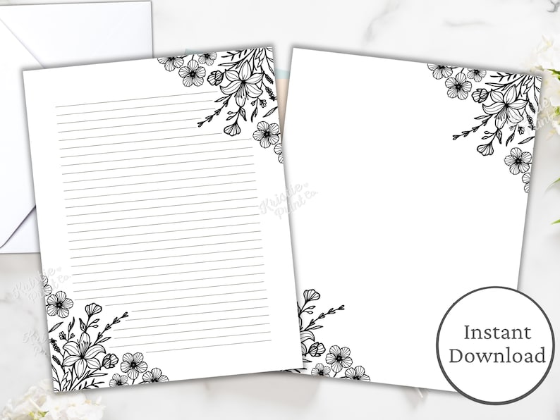 May include: Printable stationery featuring a black and white floral design on the top and bottom corners of the page. The page has lined paper for writing.