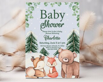 May include: A blue and white baby shower invitation with a winter woodland theme. The invitation features a deer, fox, and bear in a snowy forest setting. The text reads "Baby Shower" and "Please Join Us for a Baby Shower Honoring Charlotte Saturday, June 3 at 1 pm 123 Your Street, Orlando, FL 12345 RSVP to Pamela at 555-555-5555".
