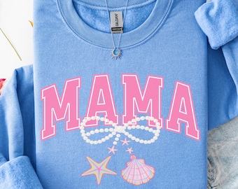 Mama Sweatshirt Summer Shirt Comfort Colors Beach Shirt Pearl Coquette Seashell Bow Shirt Summer Vibes Aesthetic Beach Shirts Gift for Mama
