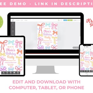 以下が含まれることがあります： タブレット、コンピューター、携帯電話に表示された、オリビアの誕生日のデジタル招待状。デザインはカラフルなリボンとハートが特徴です。「Olivia's Birthday Party」というテキストと、コンピューター、タブレット、または携帯電話で編集してダウンロードするための手順が含まれています。