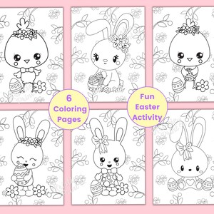May include: Six black and white coloring pages featuring Easter-themed illustrations of bunnies and chicks holding eggs. The text "6 Coloring Pages" and "Fun Easter Activity" are included in the image.