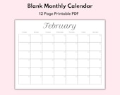 Monthly Blank Calendar, Printable Calendar Template, Horizontal Printable Calendar Pages, PDF Printable, Instant Download, Simple Calendar