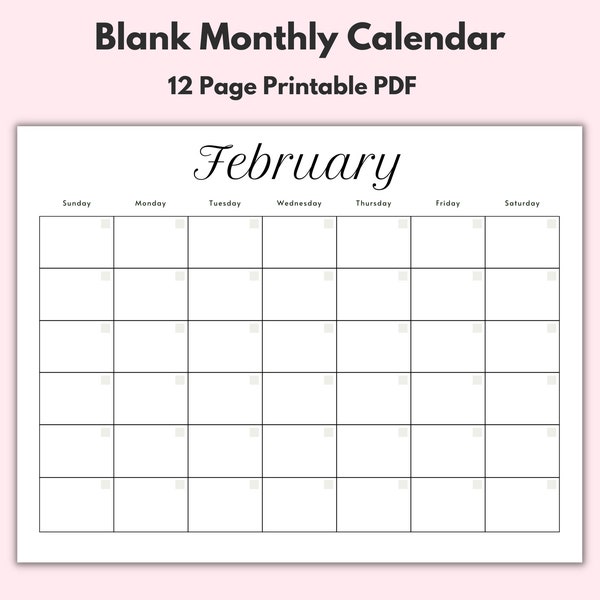 Monthly Blank Calendar, Printable Calendar Template, Horizontal Printable Calendar Pages, PDF Printable, Instant Download, Simple Calendar