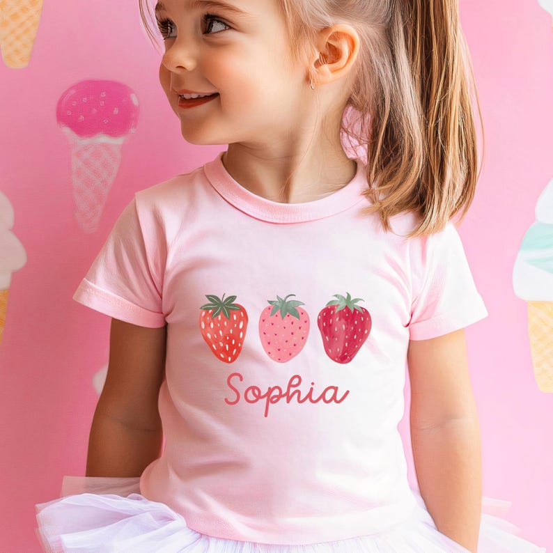 May include: A light pink t-shirt featuring three strawberry illustrations in varying shades of red and pink. The name "Sophia" is printed in a cursive font below the strawberries. The shirt is worn by a young child.