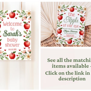 May include: A baby shower invitation with a red apple and white flowers. The text reads "The Apple of our eye" and includes the name "Alyssa Anderson".