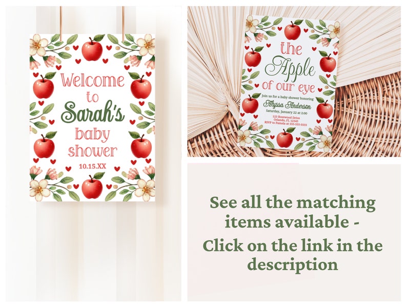 May include: A baby shower invitation with a red apple and white flowers. The text reads "The Apple of our eye" and includes the name "Alyssa Anderson".