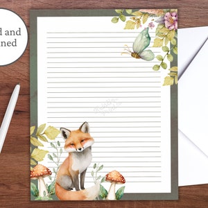 Fox briefpapier, bos briefpapier, briefpapier papierontwerp, Cottagecore briefpapier, briefpapier afdrukbaar, gelinieerd schrijfpapier, ongevoerd