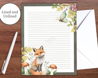 Fox Stationery, Woodland Stationery, Stationery Paper Design, Cottagecore Stationery, Stationery Printable, Lined Writing Paper, Unlined