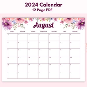 Floral Monthly Calendar 2024 Printable Flower Calendar 2024 Calendar Printable Only Wildflower Calendar 2024 Monthly Calendar Horizontal