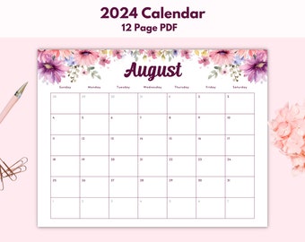 Floral Monthly Calendar 2024 Printable Flower Calendar 2024 Calendar Printable Only Wildflower Calendar 2024 Monthly Calendar Horizontal