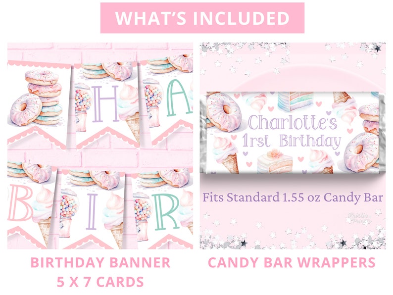 Sweet One Birthday Bundle Sweet One Party 1St Birthday Bundle Girl First Birthday Decor Editable Templates Ice Cream Donut Invitation SWE1 image 5