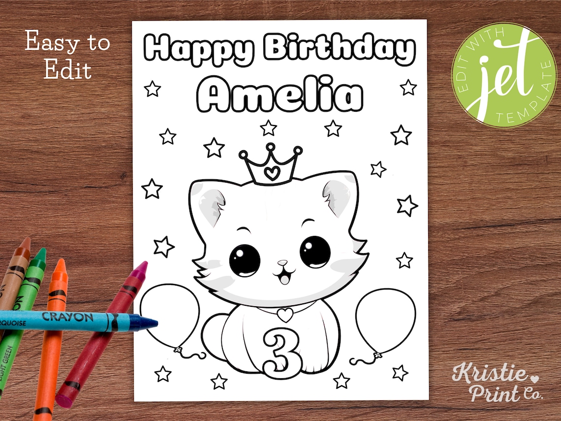 Editable Cat Birthday Coloring Page Printable Birthday Activity Custom ...