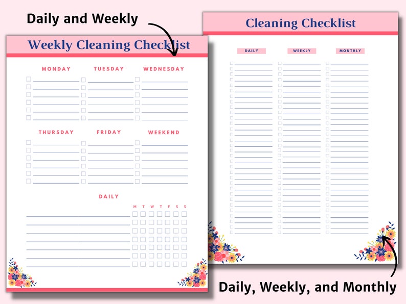 Printable Cleaning Schedule, Daily, Weekly, Monthly, Cleaning Planner