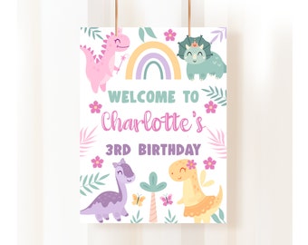 Dinosaurusfeestdecoraties voor meisjes, welkomstbord met dinosaurusmotief, dinosaurusverjaardag, dinosaurusfeestdecoratie, roze dinosaurusfeest, dinosaurusfeest voor meisjes, DIN2