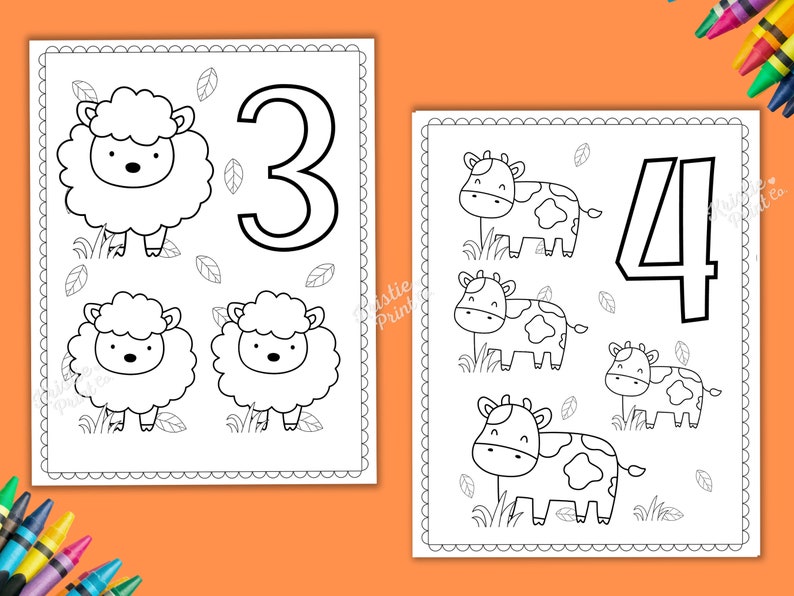 May include: Black and white colouring page featuring the numbers 3 and 4. The number 3 is surrounded by three sheep and the number 4 is surrounded by four cows.