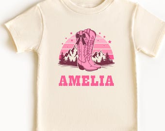Camiseta personalizada de vaquera rosa para niña pequeña, camiseta con nombre, camiseta para niña pequeña, camiseta vaquera para niña pequeña, camiseta con botas de vaquero, camiseta personalizada para niña pequeña, camiseta de rodeo